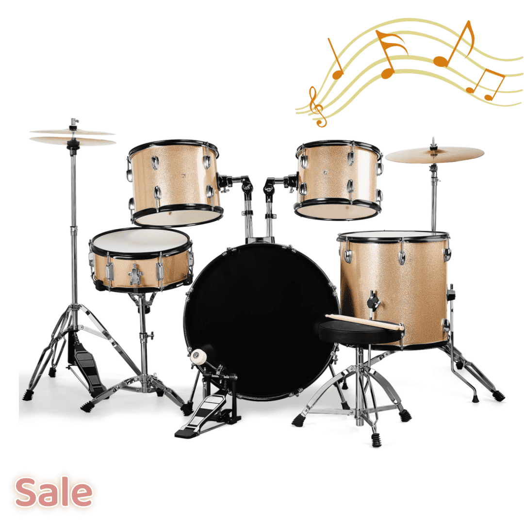 Tcbosik 5-Piece Drum Set, Beginner Drum Kit with Stool, Pedal and Sticks, Drum Musical Instrument with Bass Drum, Snare Drum, Floor Tom, Ride Cymbal, Hi-hat Cymbals and 2 Tom Drums, Champagne