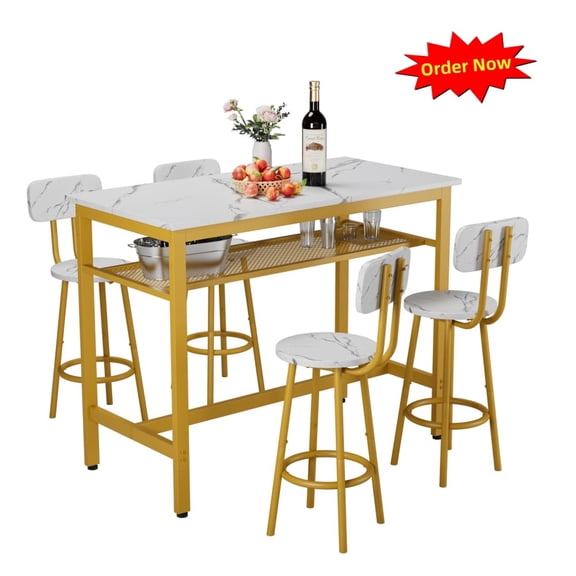 Tcbosik 5 Pieces Modern Counter Height Bar Table Set, Kitchen Table with Storage Shelf, 4 Round Barstools with Backrest, Breakfast Table Set for Dining Room, Easy Assembly, White & Gold