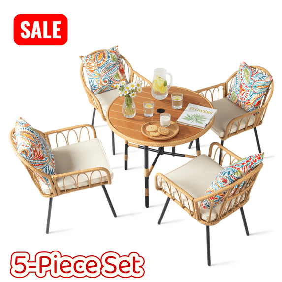 Tcbosik 5 Pieces Outdoor Dining Table Set, 35.4" Round Bistro Table with Umbrella, 4 Armchairs with Cushion and Pillow, Rattan Patio Furniture Set for Backyard, Balcony, Garden, Yellow & Beige
