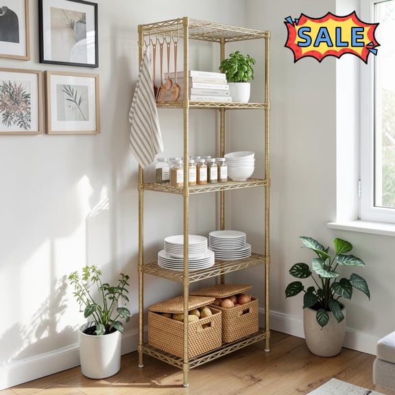 Tcbosik 5-Shelf Adjustable Heavy Duty Steel Wire Rack, Storage Shelving Organizer for Kitchen, Garage, Gold