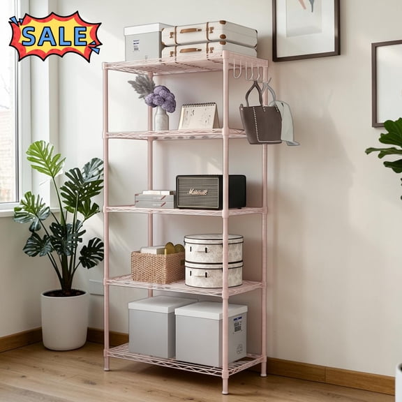 Tcbosik 5-Shelf Adjustable Heavy Duty Steel Wire Storage Shelves, Display Rack for Garage, Kitchen, Easy Assembly, Light Pink