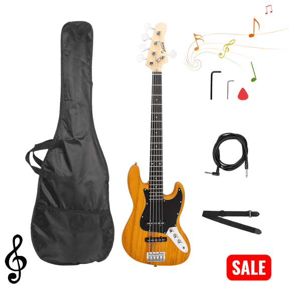 Tcbosik 5 String Electric Bass Guitar, Full-Size Right-Handed Bass Kit with Bag, Strap, Plectrum, Amp Wire and Wrench Tool, Transparent Yellow