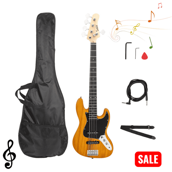 Tcbosik 5 String Electric Bass Guitar, Full-Size Right-Handed Bass Kit with Bag, Strap, Plectrum, Amp Wire and Wrench Tool, Transparent Yellow