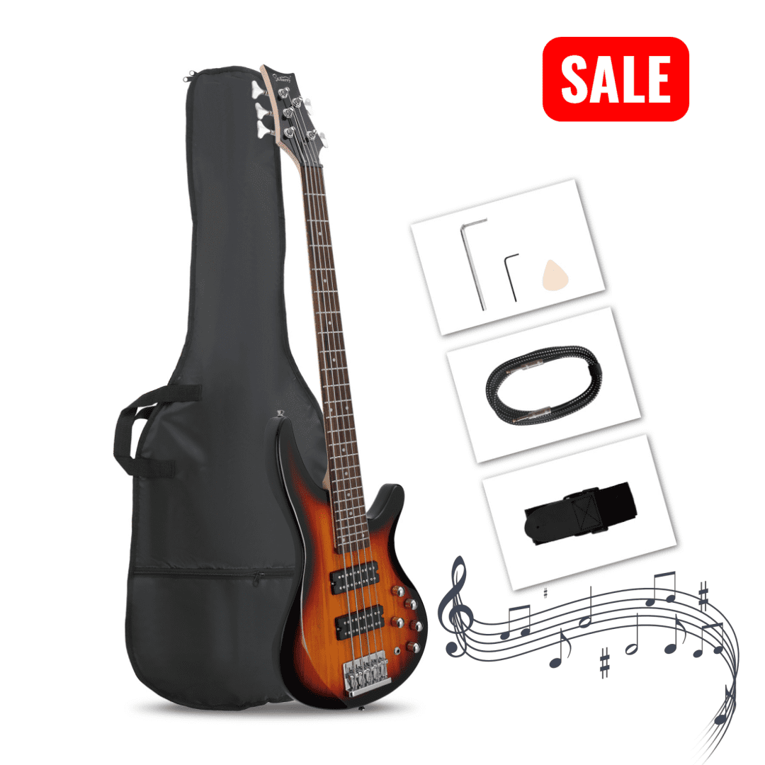 Tcbosik 5 String Electric Bass Guitar, Right Handed Beginner Kit with Bag, Strap, Amp Wire, Plectrum and Wrench Tool for Youth & Adult, Sunset Color