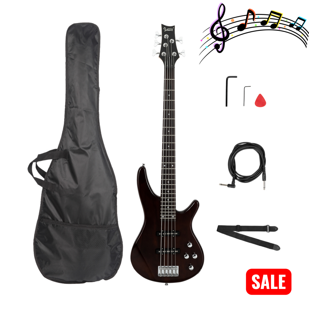 Tcbosik 5 String Full Size Electric Bass Guitar with Bag, Strap, Plectrum, Amp Wire and Wrench Tool for Beginners, Earth Brown