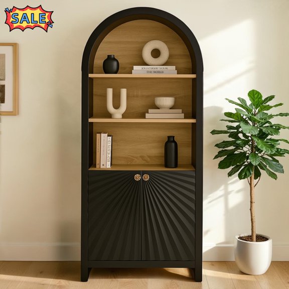 Tcbosik 5-Tier Book Shelf, Arched Bookcase with Open Shelves and 2 Doors, 61" Tall Storage Cabinet, Display Rack for Home Office, Living Room, Black