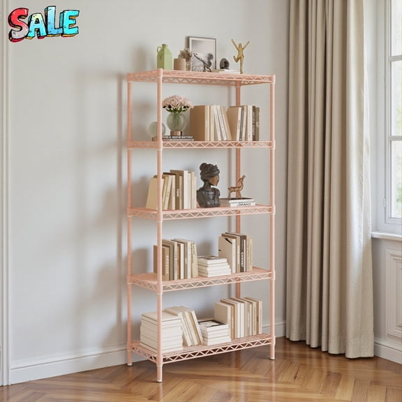 Tcbosik 5-Tier Carbon Steel Display Shelf with Adjustable Height & Leveling Feet, Modern 59.06"H Storage Rack for Home or Retail, Light Pink