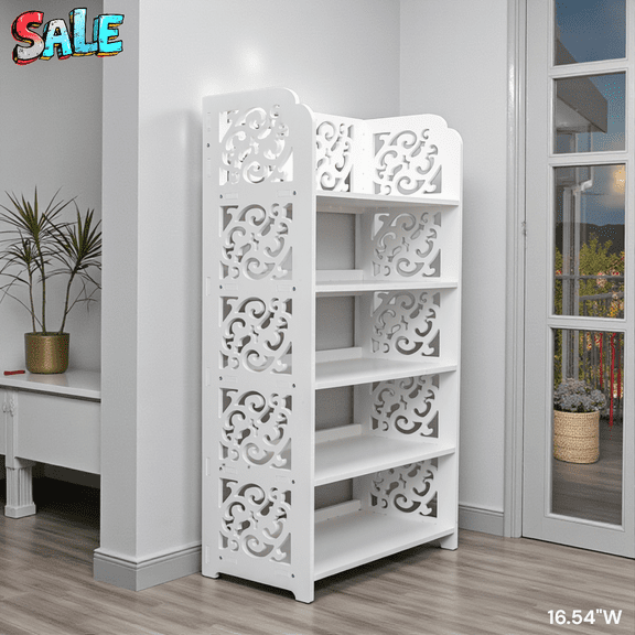 Tcbosik 5-Tier Carved Pattern Shoe Rack, White Wood-Plastic Board Storage Shelf, Waterproof & Easy Clean, Narrow Design for Entryway, 16.54"L x 9.45"W x 31.5"H