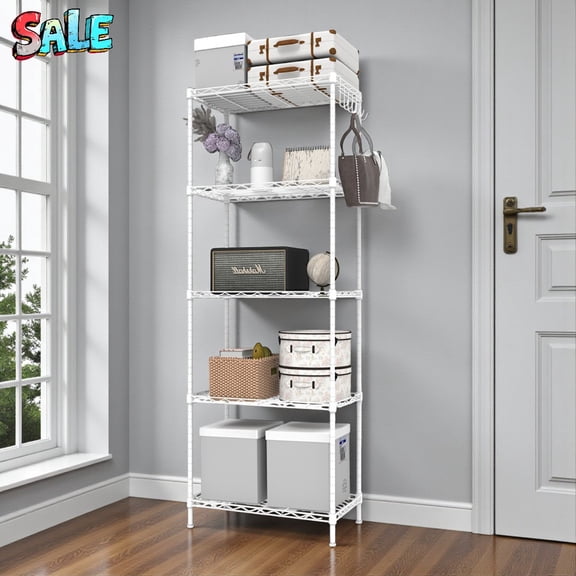 Tcbosik 5-Tier Display Rack, Interchangeable Iron Wire Shelving Unit with Pin-Type Height Adjustment, 110 lbs/Shelf, White
