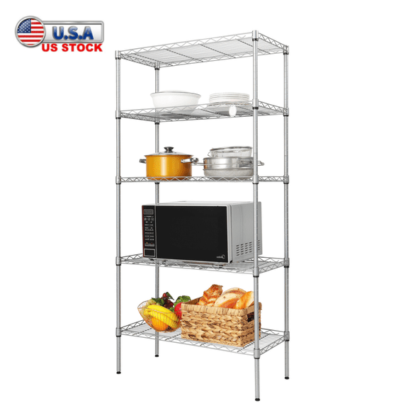Tcbosik 5-Tier Wire Shelving Unit, Heavy-Duty Storage Shelves, Adjustable Metal Rack for Kitchen, Garage, Easy Assembly, Silver
