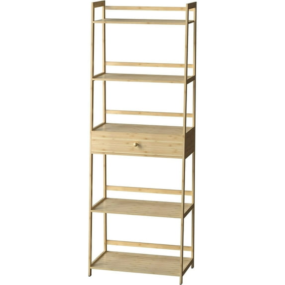 Tcbosik 5-Tier Ladder Bookshelf with Drawer Modern Bamboo Wood Tall Bookcase for Bedroom, Living Room, Office, Natural