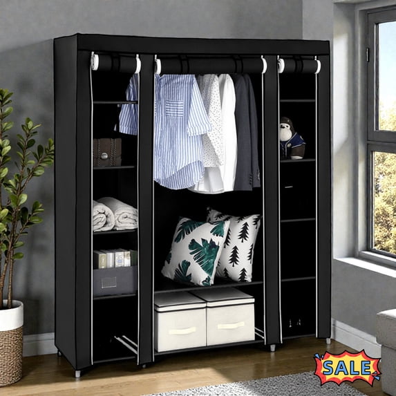 Tcbosik 5-Tier Portable Closet with Hanging Rod and Storage Shelves, Portable Clothes Rack, Free Standing Wardrobe for Bedroom, Black