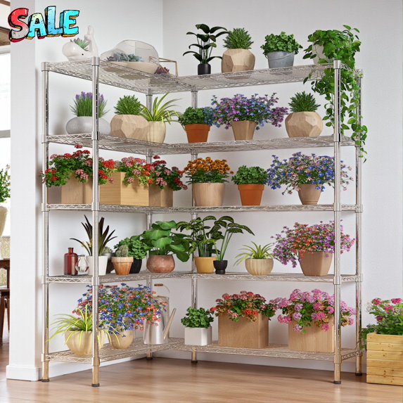 Tcbosik 5 Tier Storage Shelves in Chrome Finish, 1500LBS Heavy Duty Metal Shelving Unit, Upgraded Adjustable Garage Storage Organizer for Pantry Rack, 57.87"L x 13.78"W x 70.87"H