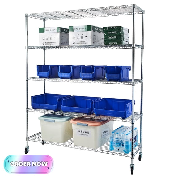 Tcbosik 5-Tier Utility Shelving Unit on Wheels, Heavy Duty Metal Storage Rack with Adjustable Shelves for Garage, Basement, Supermarket, Kitchen, Chrome