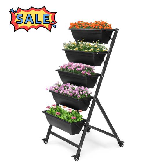 Tcbosik 5-Tier Vertical Raised Garden Bed, Planter with Drainage Hole, Outdoor Container Box to Grow Herb Vegetables Flowers, Black