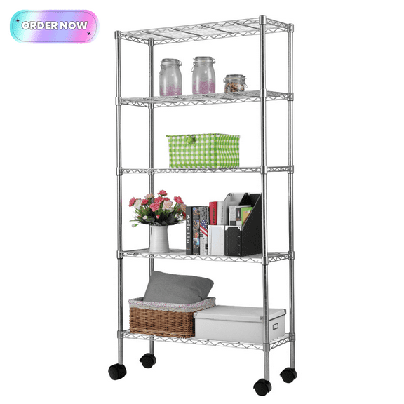 Tcbosik 5-Tier Wire Shelving Unit with Wheels, Heavy Duty Storage Rack with Adjustable Shelves, Metal Organizer for Garage, Basement, Warehouse, Chrome