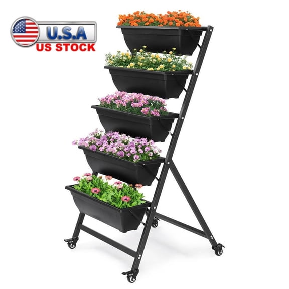 Tcbosik Vertical Garden Planter, 5 Tiers Freestanding Garden Bed with with Lockable Wheels, Planter Box for Patio Balcony Porch, Black