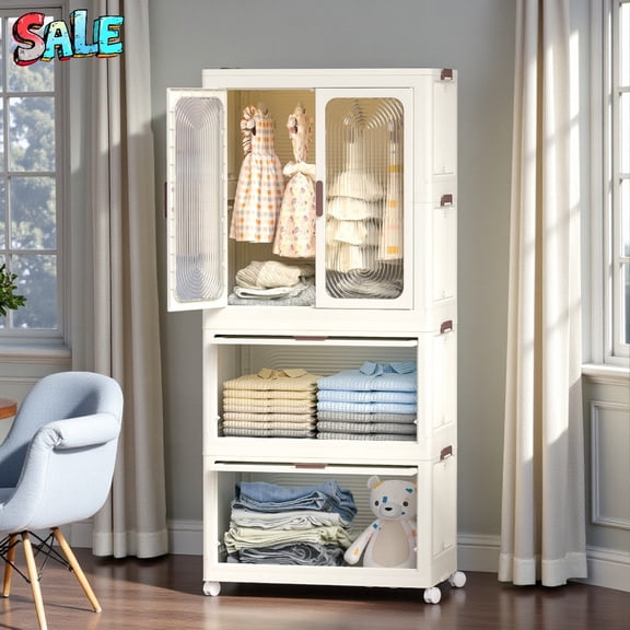 Tcbosik 50"H Portable Cube Wardrobe with Magnetic Doors and Wheels Lightweight PP/ABS Closet Organizer for Bedroom, Dorm, Apartment, Quick Assembly, Cream White