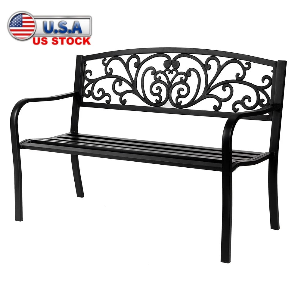 Black Steel Outdoor Bench with Floral Backrest, 52"