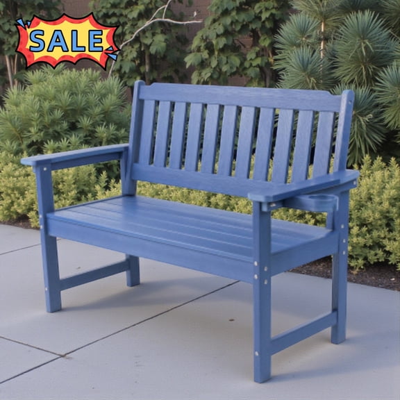 Tcbosik 50 inch Outdoor Bench with Cup Holder, All Weather Porch Bench, 2-Person Seating for Patio, Garden, Deck, Yard, Navy Blue
