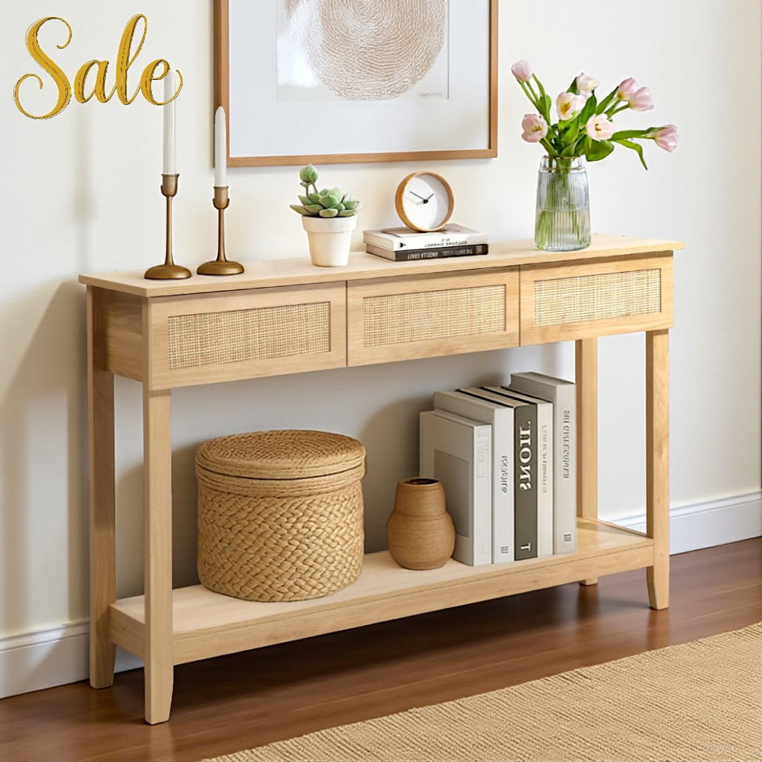 Tcbosik 51.2-Inch Boho Style Rattan Console Table with 3 Drawers & Open Shelf – Natural Wood Finish, Narrow Entryway Table for Hallway, Living Room, or Foyer