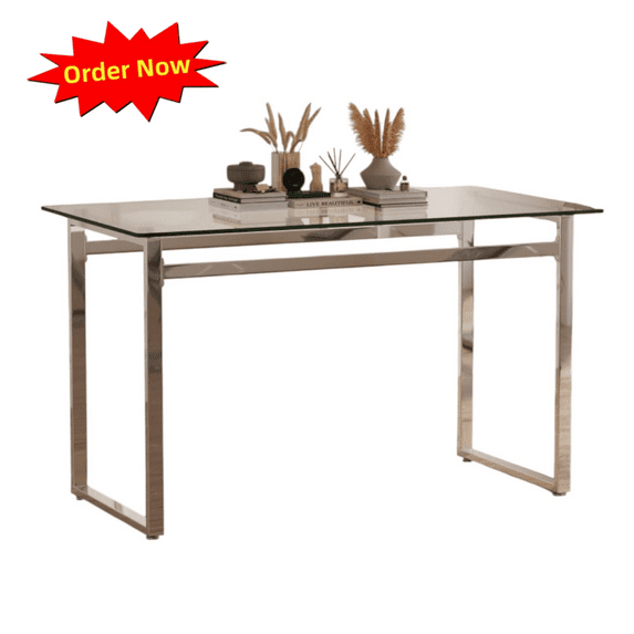 Tcbosik 51" Modern Dining Table with Glass Top and Metal Legs for Kitchen, Living Room, Silver