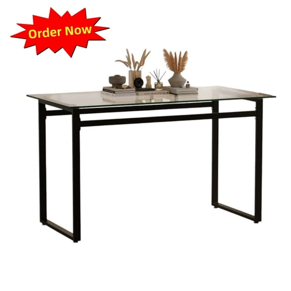 Tcbosik 51 inch Rectangular Glass Dining Table, Modern Kitchen Table with Metal Legs for Home, Black