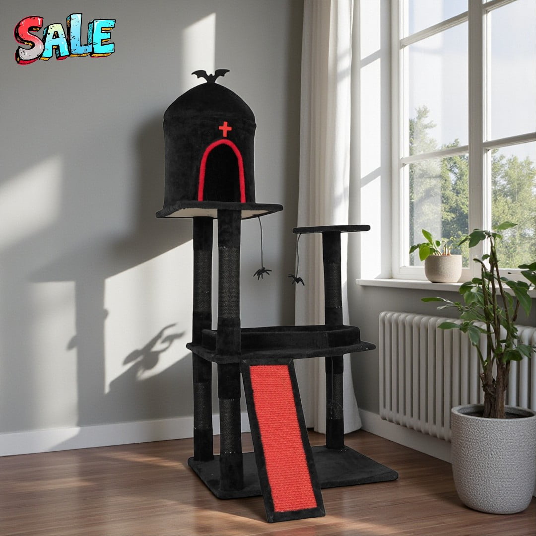 Tcbosik 52.65" Tall Cat Tree with Coffin Bed & Spider-Web-Pattern Perch, Large Cat Tower for Indoor Cats, Multi-Level with Gothic Condo, Hanging Spider Toys, Sisal Scratching Posts & Ramp, Black+Red