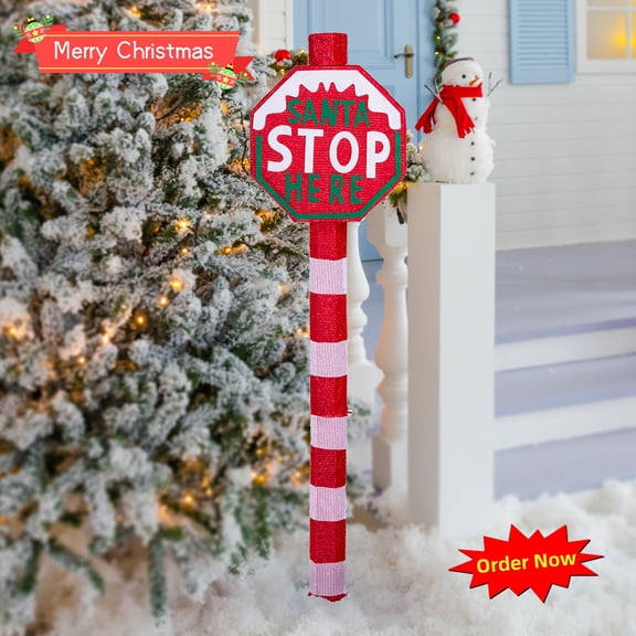 Tcbosik 52"H Lighted STOP Sign Christmas Decoration, Pre-Lit "SANTA STOP HERE" Road Sign with LED Lights for Outdoor Holiday Decor, Red