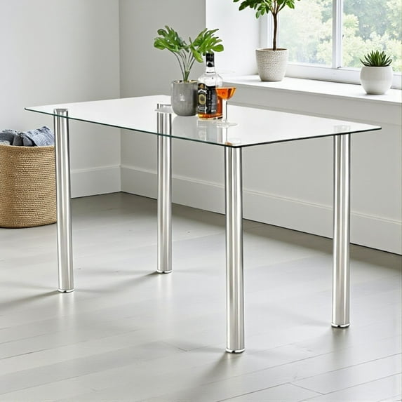 Tcbosik 53.1-Inch Glass Dining Table with Silver Metal Legs, Rectangular Kitchen Table for Home Dining Room (Clear)