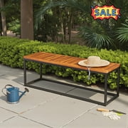 Tcbosik 54" Acacia Wood Outdoor Bench, Patio Dining Bench, Backless Bench with Metal Legs for Entryway, Deck, Yard, Porch, Poolside, Teak