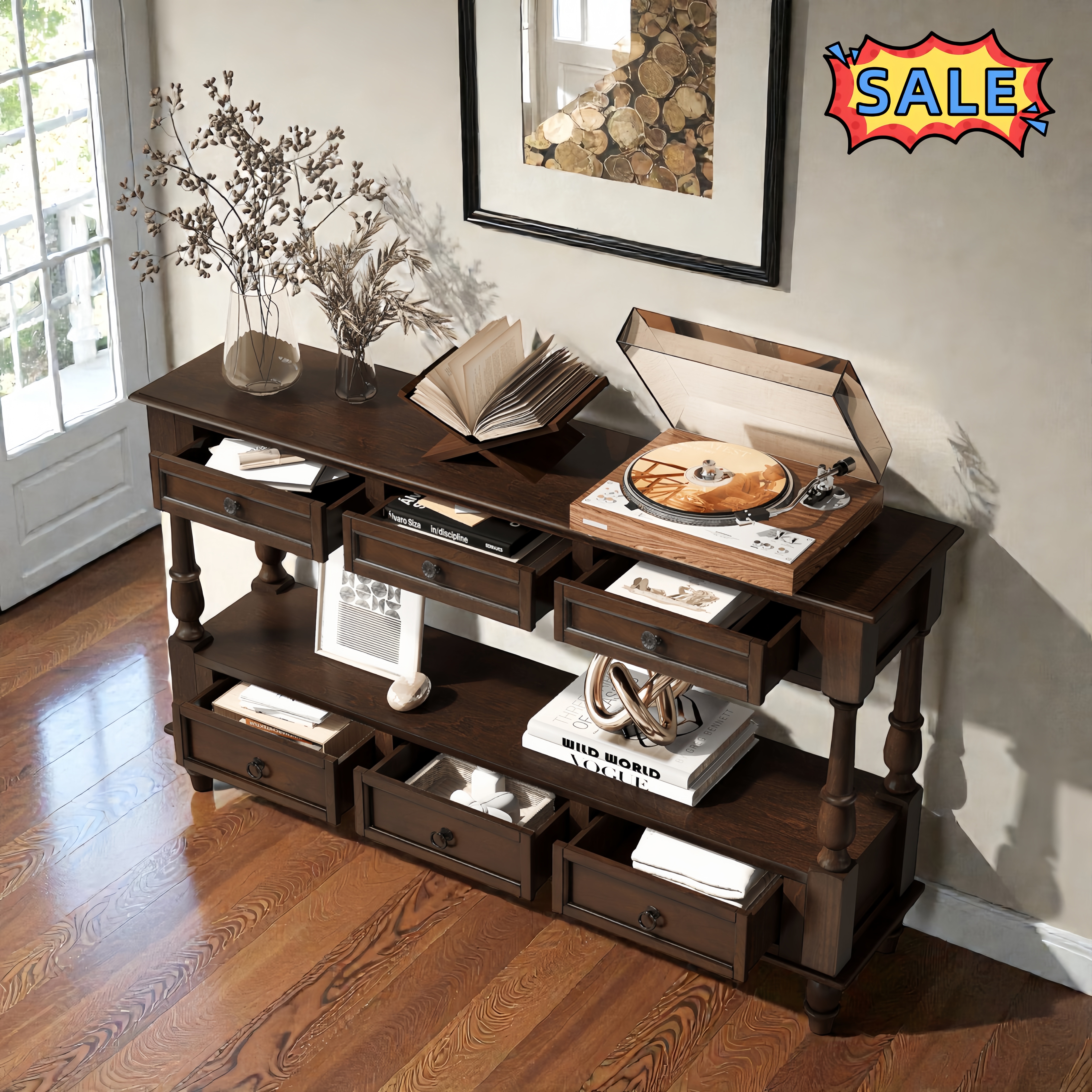 Tcbosik 54 inch Console Table with 6 Storage Drawers, 2-Tier Entryway ...