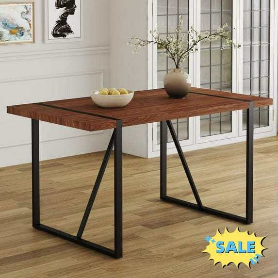 Tcbosik 55.1 inch Dining Table, Rectangle Kitchen Table for 4-6 Person, Farmhouse Writing Desk with Metal Legs, Study Table for Living Room, Walnut