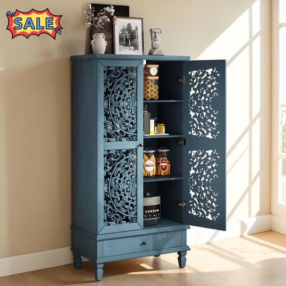 Tcbosik 55" Tall Storage Cabinet, 2-Door Buffet Sideboard with Drawer and Adjustable Shelf, Farmhouse Accent Cabinet, Cupboard for Kitchen, Living Room, Antique Blue