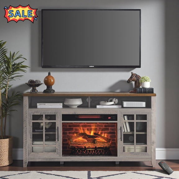 Tcbosik 55 inch Fireplace TV Stand, Farmhouse Entertainment Center with 2 Doors, Media Console Table with Storage for Living Room, Gray