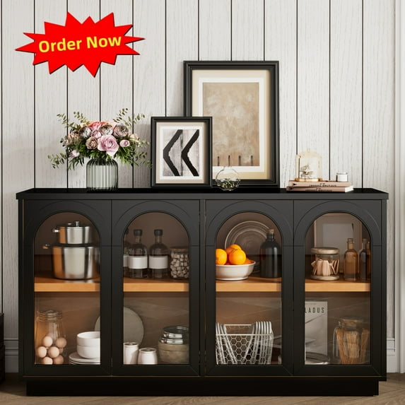 Tcbosik 57.7" Buffet Cabinet with Storage, Modern Sideboard with 4 Glass Doors, Kitchen Credenza with Adjustable Shelves, Coffee Bar Cabinet for Living Room, Dining Room, Black