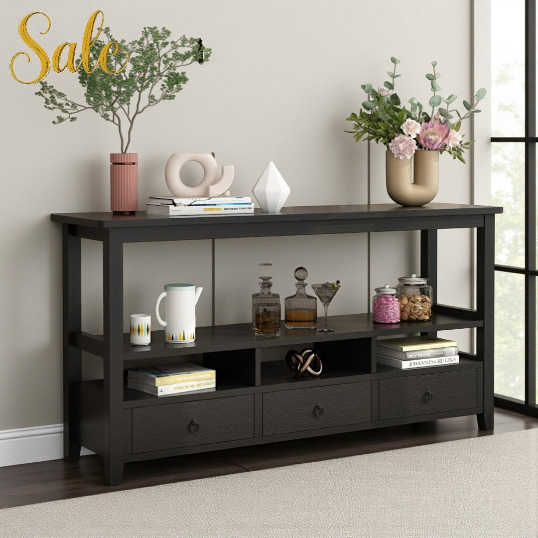 Tcbosik 57.9-Inch Black Console Table with 3 Drawers & 2-Tier Open ...