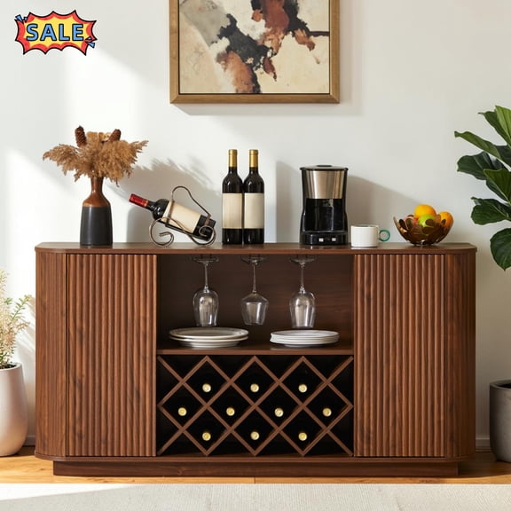 Tcbosik 58" Buffet Sideboard with Wine Rack and Glass Holder, Liquor Storage Cabinet with Adjustable Shelves, Coffee Bar Cabinet for Kitchen, Living Room, Walnut