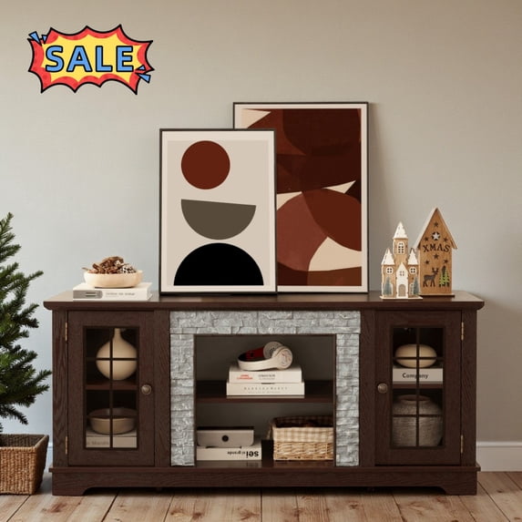 Tcbosik 58" TV Stand for 65 inch TVs, Modern Entertainment Center with Adjustable Shelves, Media Console with 2 Storage Cabinets for Living Room, Cherry