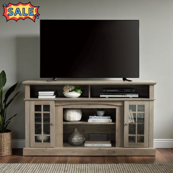 Tcbosik 58" TV Stand with Storage, Entertainment Center with Adjustable Shelves and Glass Doors for TVs up to 65 Inches, TV Console Table for Living Room Bedroom, Gray Wash