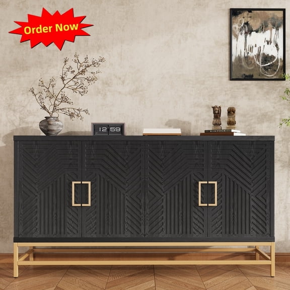 Tcbosik 59.8" Buffet Sideboard, Modern Credenza with Adjustable Shelves & 4 Doors, Accent Cabinet with Metal Legs for Dining Room, Living Room, Entryway, Black