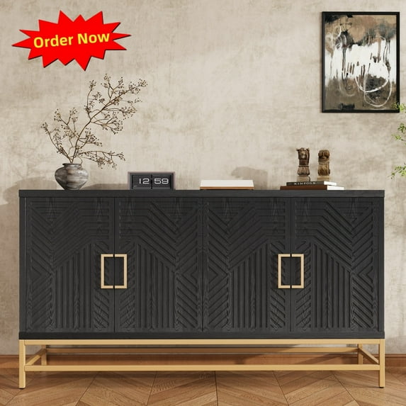 Tcbosik 59.8" Buffet Sideboard, Modern Credenza with Adjustable Shelves & 4 Doors, Accent Cabinet with Metal Legs for Dining Room, Living Room, Entryway, Black