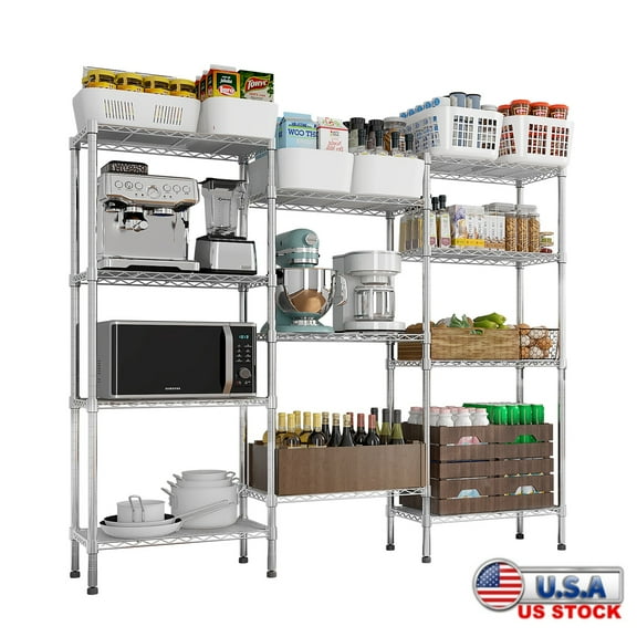 Tcbosik Heavy Duty Wire Shelving Unit, 4-Tier Adjustable DIY Metal Rack, Storage Organizer for Kitchen, Pantry, Garage, Silver