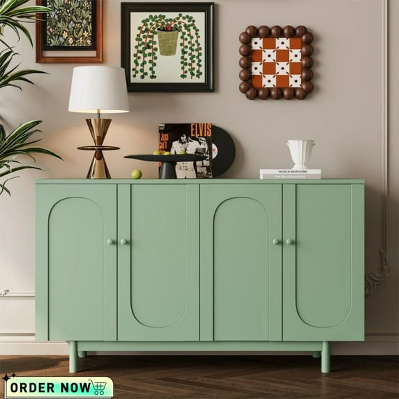 Tcbosik 59" Storage Cabinet with 4-Doors, Wood Sideboard Buffet Cabinet with Pine Legs for Living Room Bedroom and Kitchen, Mint Green
