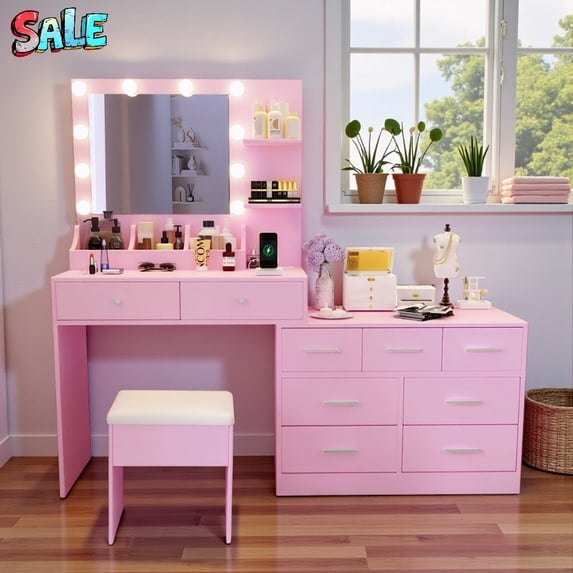 Tcbosik 59" W Makeup Vanity Set with Mirror and 3-Color Lights, Power Outlet, 9 Drawer, Open Shelves & Storage Compartments, Large Bedroom Dressing Table with Padded Stool, for Ladies, Light Pink