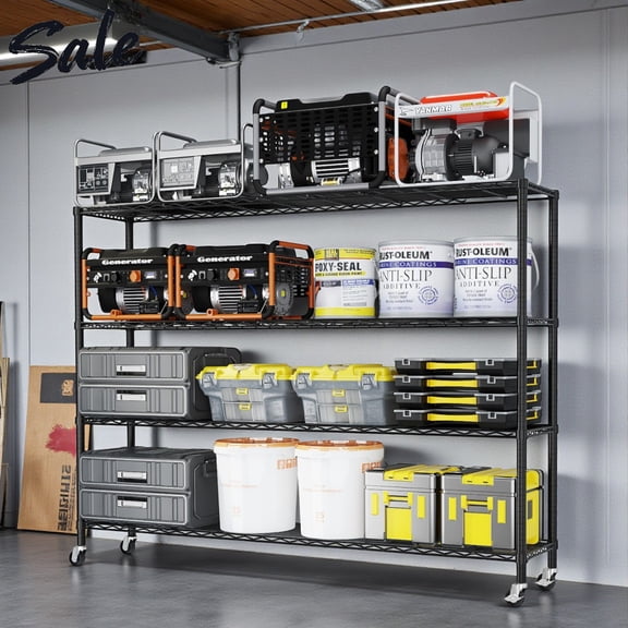 Tcbosik 59"W Metal Shelving Unit with Wheels, 4-Tier Heavy Duty Adjustable Garage Storage Rack for Kitchen, Pantry, Basement, Black - 66.54" H X 59''W X 17.72" D