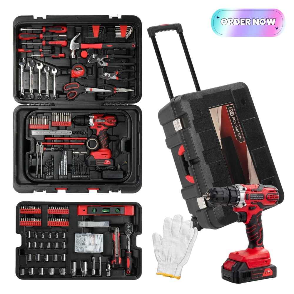 Tcbosik 599pcs Household Repair Tool Set with Rolling Trolley Case, Home Hand Tool Kit, General Tool Set for Homeowner, DIYer, Handyman, Black