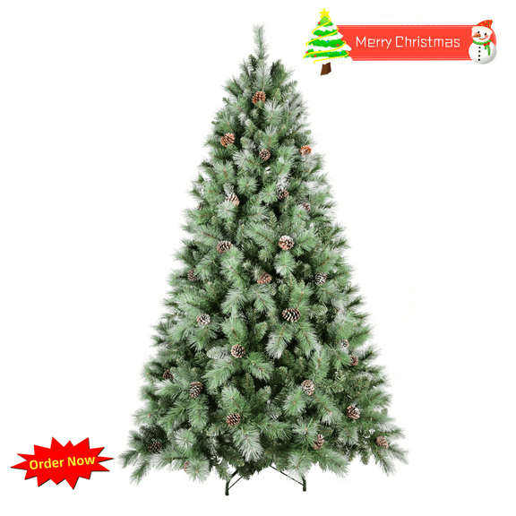 Tcbosik 5ft Pre-Lit Artificial Christmas Tree with 200 Warm White LED Lights and 694 Branch Tips, Hinged Xmas Tree with 51 Pine Cones for Home Office, Includes Base, Snowy Green