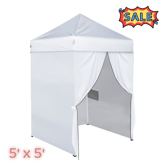 Tcbosik 5x5ft Canopy Tent with 4 Sidewalls, Outdoor Shelter with Storage Pockets & Carry Bag for Events, Party, BBQ, Camping, White