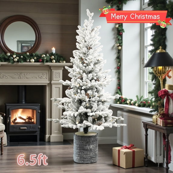 Tcbosik 6.5ft Pre-Lit Potted Flocked Artificial Christmas Tree with 150 Warm White LED Lights and 720 Branch Tips, Xmas Tree with 19 Pine Cones, Indoor Home Office Holiday Decoration, White+Green